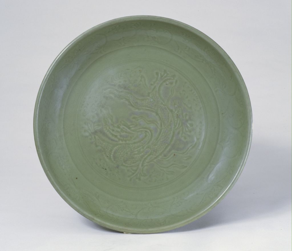 图片[1]-Blue-glazed plate with dragon pattern printed on Longquan kiln-China Archive